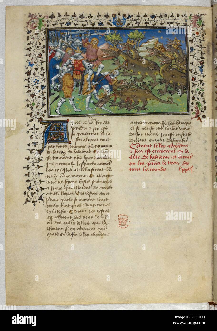 Miniatura di una battaglia con due teste di dragoni. Historia de proelis in una traduzione in francese (Le Livre et le vraye hystoire du bon roy Alixandre). Francia, Centrale (Parigi); c.1420. Fonte: Royal 20 B. XX, f.83v. Lingua: Francese. Foto Stock