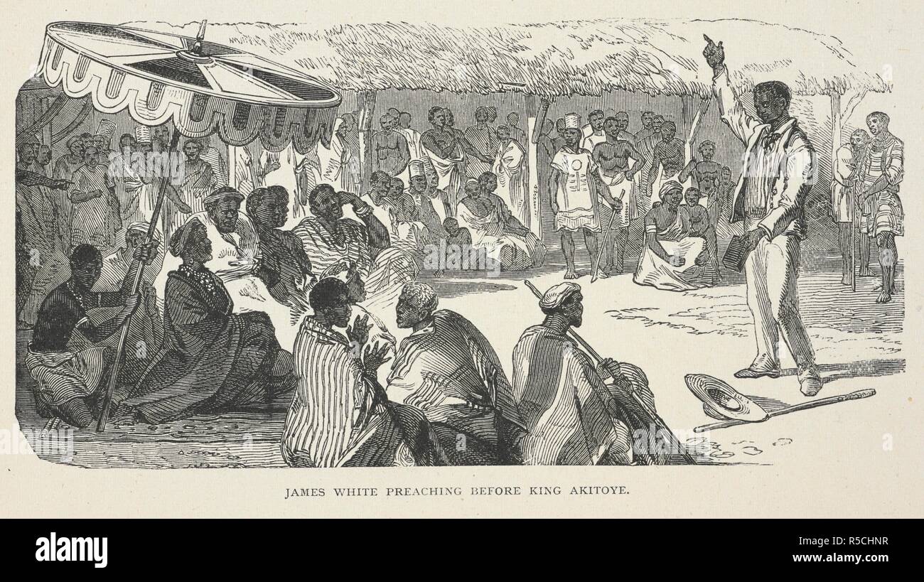 James predicazione bianco prima di Re Akitoye. Charles Andrew Gollmer, la sua vita e il suo impegno missionario in Africa occidentale ... London : Hodder & Stoughton, 1889. Fonte: 4888.b.64, pagina 57. Foto Stock