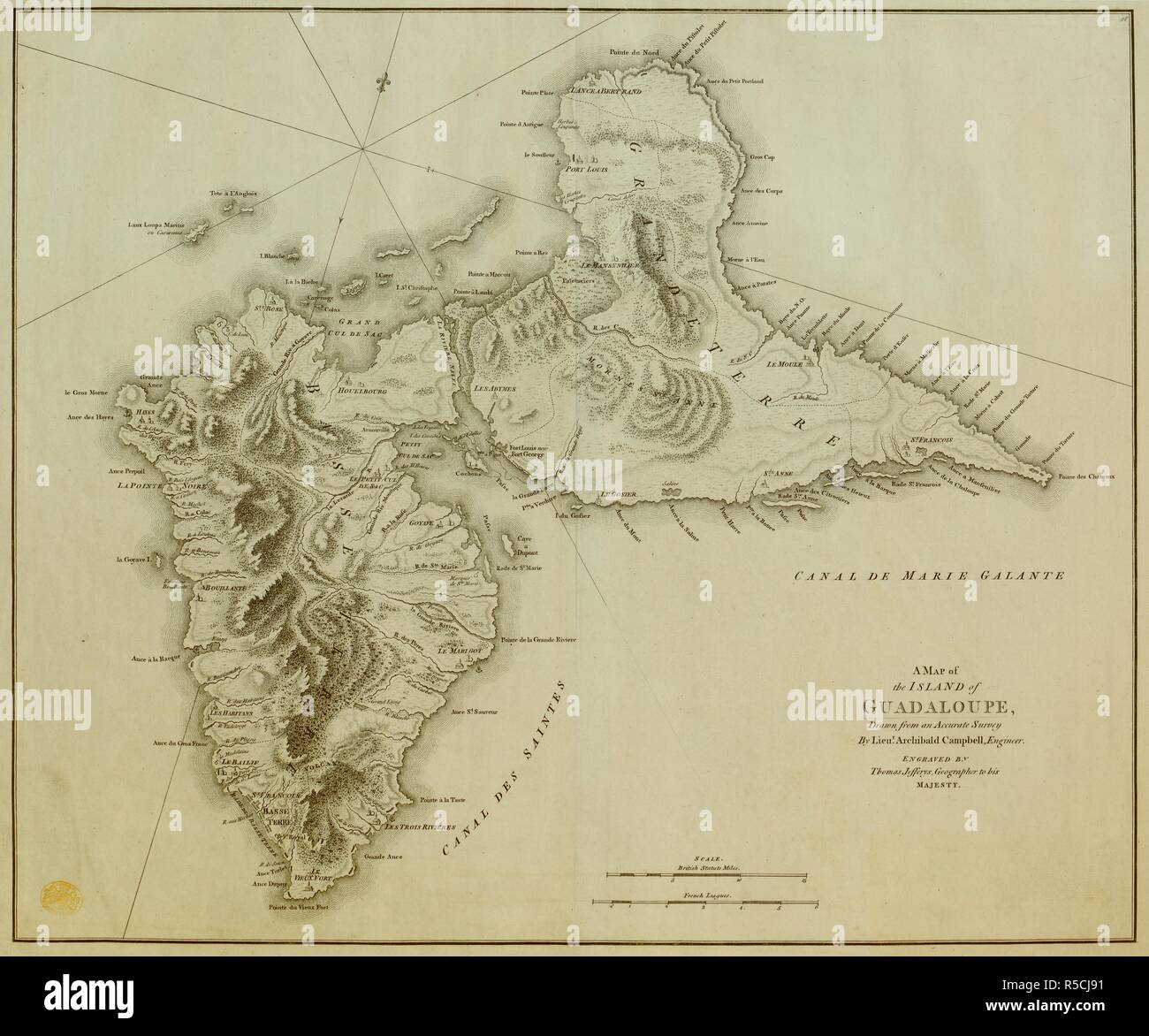 Una mappa della Guadalupa. Una mappa dell'isola di Guadalupa, disegnata da un accurata indagine da Lieut. Archibald Campbell, ingegnere. Incisi da Thomas Jefferys. Scala, British statuto miglia, 15[ = 100 mm]. [Londra], [1760]. Fonte: Mappe K.Top.123.91. Lingua: Inglese e Francese. Autore: Jefferys, Thomas. Campbell, Lt-Col. Archibald. Foto Stock