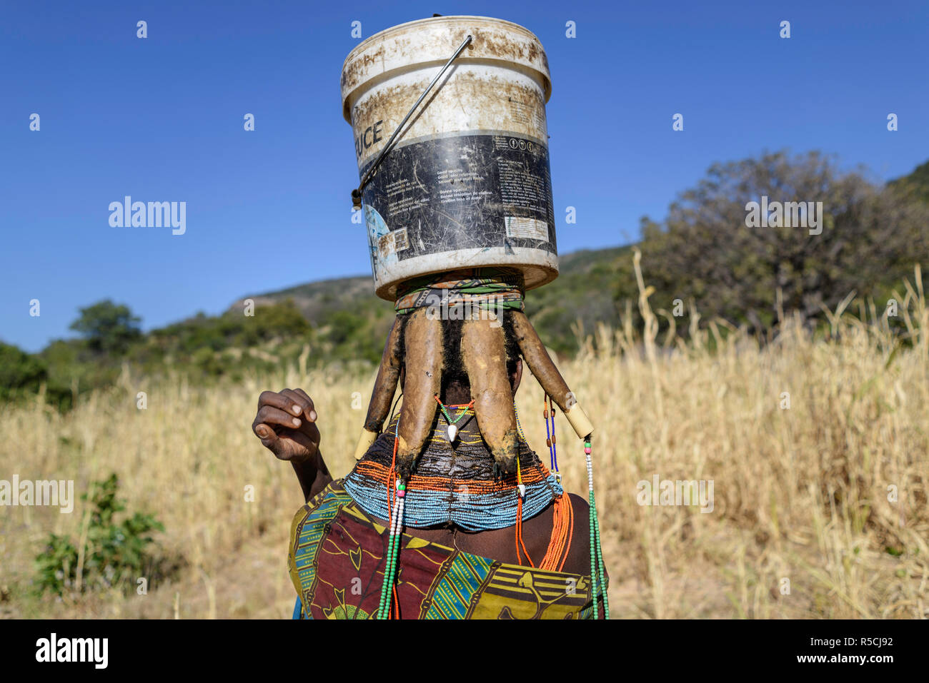 Immagine da dietro di una donna Muila con ornamenti tradizionali e taglio di capelli che porta un secchio pieno di acqua. Foto Stock