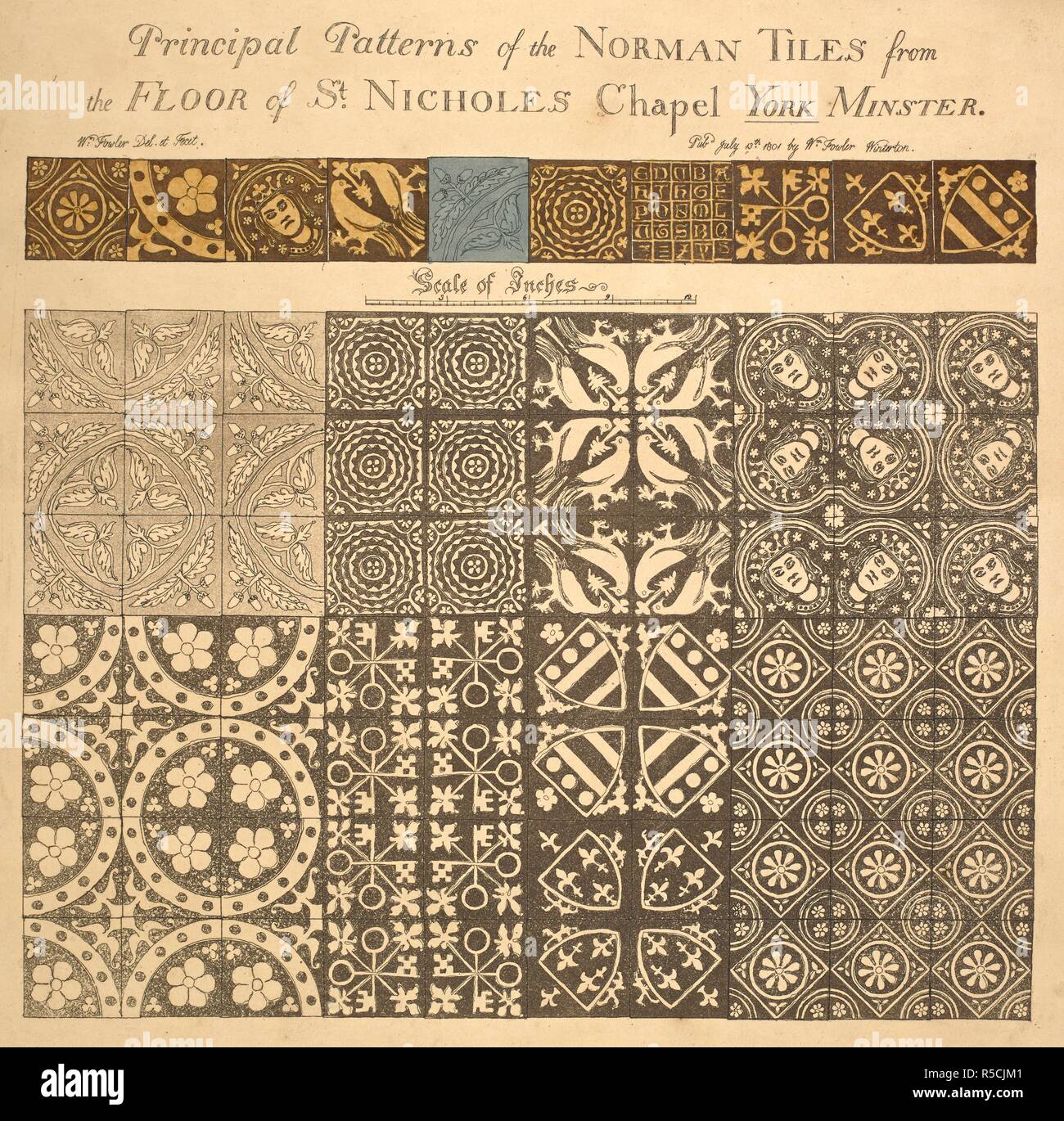 Un colorate a mano incisione raffigurante Norman piastrelle in York Minster. Motivi principali di Norman di piastrelle da pavimento di St Cappella NICHOLES York Minster. [Winterton] : Pub 13 Luglio 1801 da Wm Fowler Winterton., [13 luglio 1801]. Incisione e la puntasecca con mano-colorazione. Fonte: Mappe K.Top.45,7.KK. Lingua: Inglese. Foto Stock