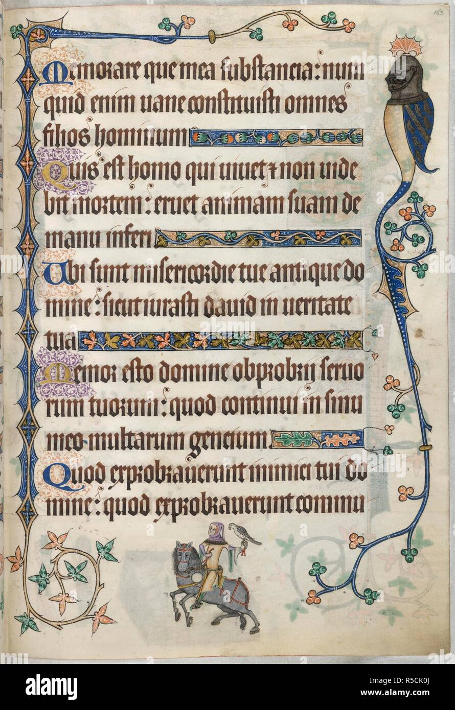 Salmo 88; hawking. Luttrell Salterio. Inghilterra [East Anglia]; circa 1325-1335. [Intero folio] Salmo 88. Decorazione di confine includente un corpo grottesco con un casco in argento e un ala del Luttrell arms. Margine inferiore; un uomo a cavallo con un falco sul suo guanto mano sinistra; un tabor ricurva con coscia, probabilmente per mettere gli uccelli, pende dalla sua cintura verde immagine presa dal Luttrell Salterio. Originariamente pubblicato/prodotto in Inghilterra [East Anglia]; circa 1325-1335. . Fonte: Aggiungi. 42130, f.163. Lingue: Latina. Foto Stock