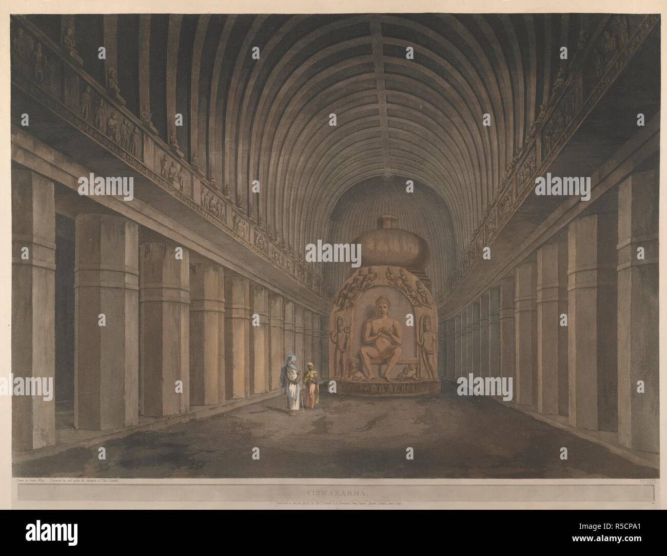 Viswakarma. L'interno dell'chaitya hall del VII secolo Vishvakarma grotta, l'ultimo importante tale chaitya hall ha fatto in India occidentale, è diviso in tre navate da 28 pilastri ottagonali con staffa di semplici capitelli (omesse nella stampa). Al di sopra delle colonne vi è un fregio di ganas, assistenti di Nana e la predicazione di Buddha con Boddhisattvas. La volta del soffitto è scolpito con nervature ad imitazione di una struttura in legno. Nell'estremità lontana della navata centrale vi è un grande Buddha seduto in posizione di insegnamento scolpito sul frontale della stupa votivi, con Attendant Bodhisattvas . Hindoo ex Foto Stock