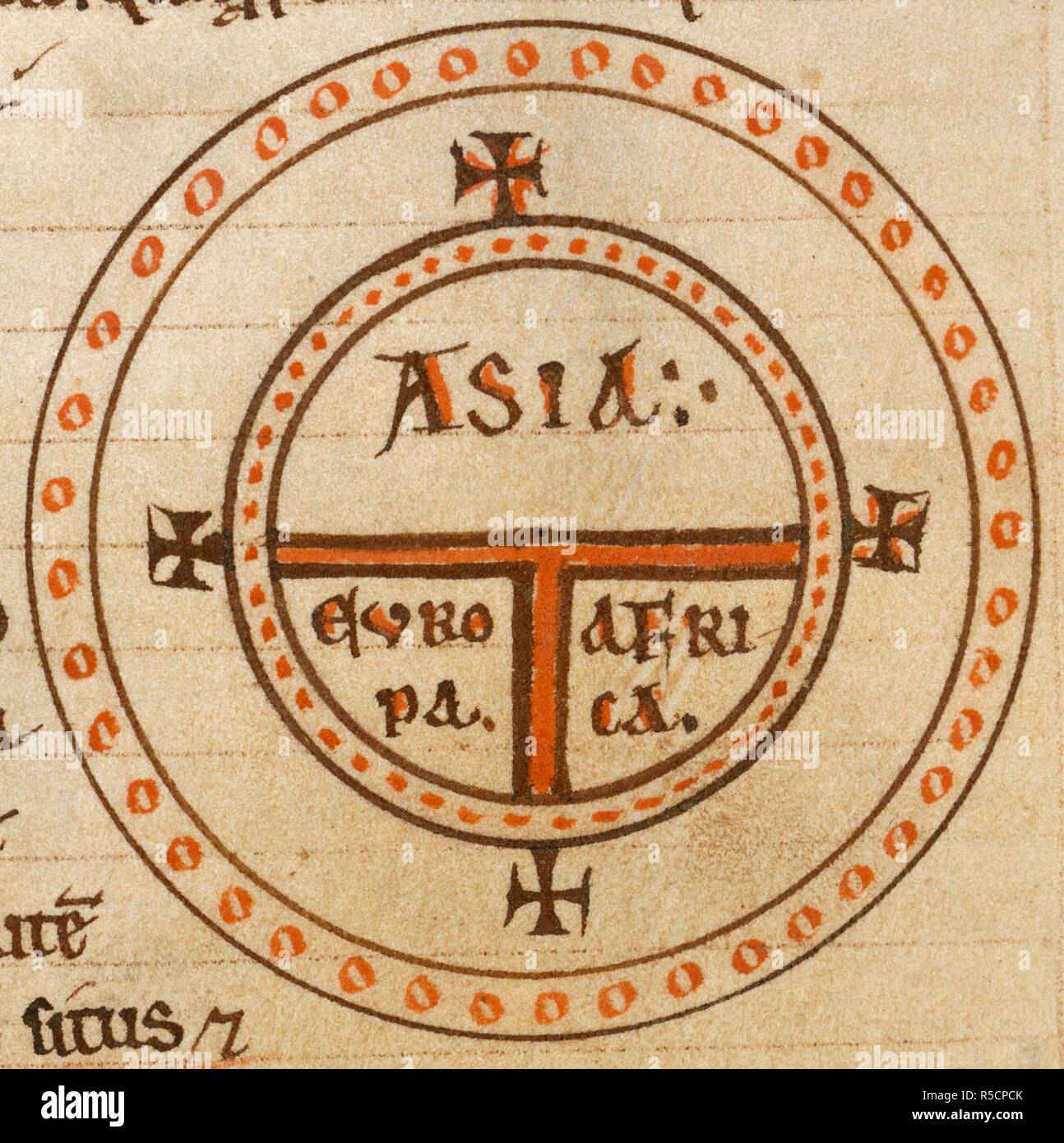 [Dettaglio] Vista schematica T-O mappa. Il mondo è raffigurato come un cerchio diviso da una "T" forma in tre continenti, Asia, Europa e Africa . Etimologie. Xii secolo. Fonte: Royal 12 F. IV, f.135v. Lingue: Latina. Autore: Isidoro, san, Vescovo di Siviglia. Foto Stock