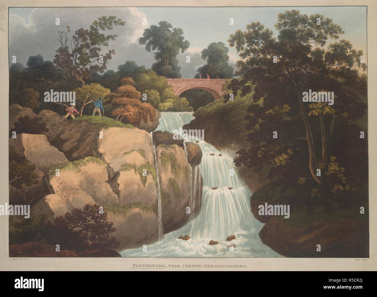 Le figure in piedi da una cascata; un ponte nella distanza; alberi e rocce su entrambi i lati . PONTNEWYDD, vicino a Corwen, MERIONETHSHIRE. Londra : pubblicare'd 14 maggio 1814, da T. Macdonald, Galleria dei Poeti, 39, Fleet Street., [14 maggio 1814]. La puntasecca e incisione con mano-colorazione. Fonte: Mappe K.Top.47.19.2.b. Lingua: Inglese. Autore: Warren, GIOVANNI. Foto Stock