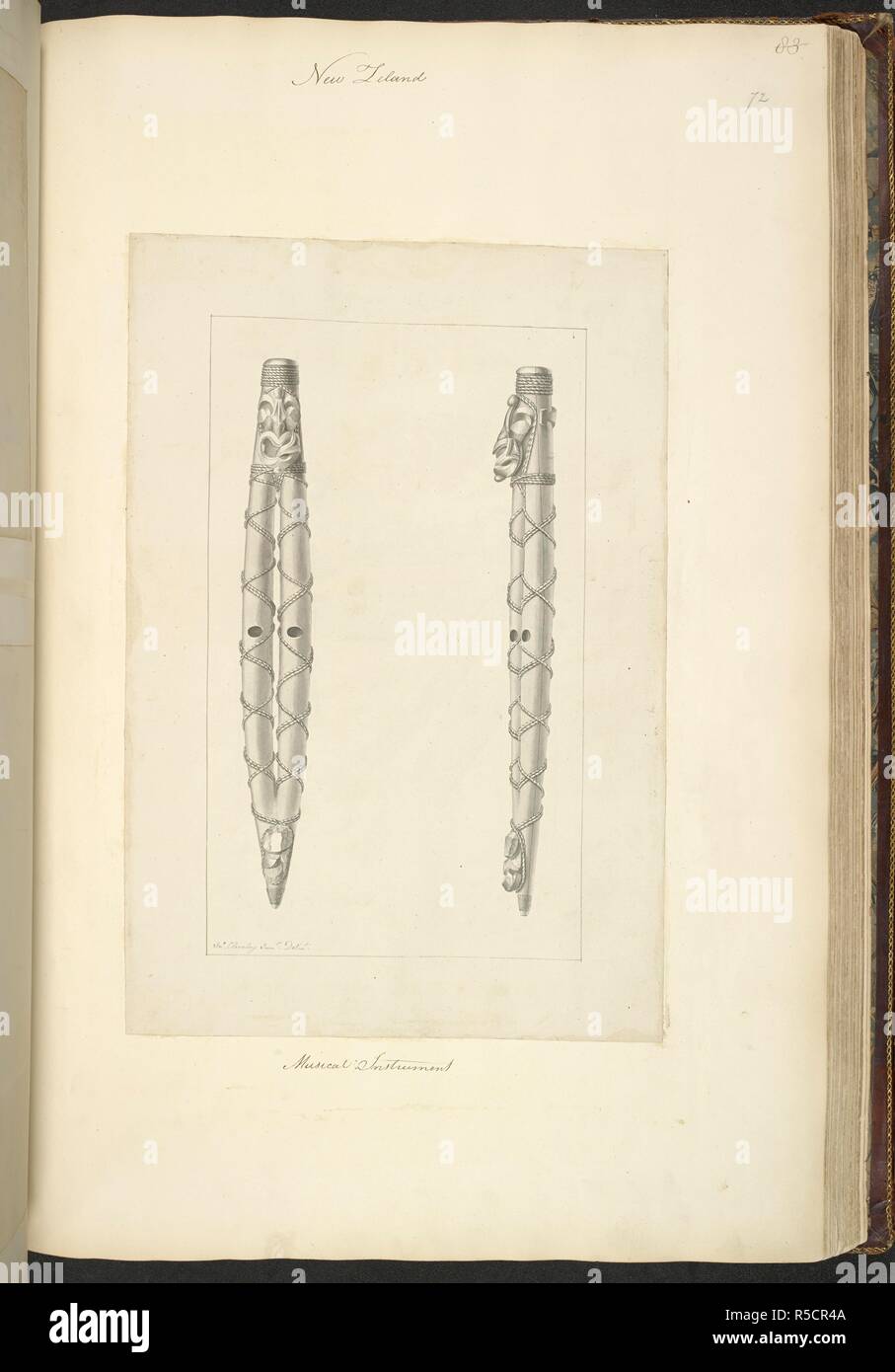 Uno strumento musicale. Una raccolta di disegni realizzati nei paesi visitati dal Capitano Cook nel suo primo viaggio, 1768-1771. Fonte: Aggiungi. 23920, f.72. Lingua: Inglese. Foto Stock