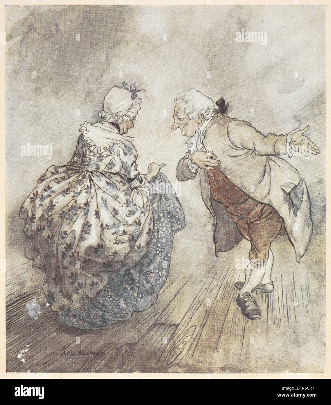Un vecchio paio di abbigliamento formale circa alla danza. Un canto di Natale ... Illustrato da Arthur Rackham. Londra; J. B. Lippincott Co. Philadelphia : Wiiliam Heinemann, 1915. "Allora il vecchio Fezziwig si fermò a ballare con la sig.ra Fezziwig.". Fonte: 012622.g.37. Di fronte a pagina 54. Autore: RACKHAM, Arthur. DICKENS, Charles. Foto Stock