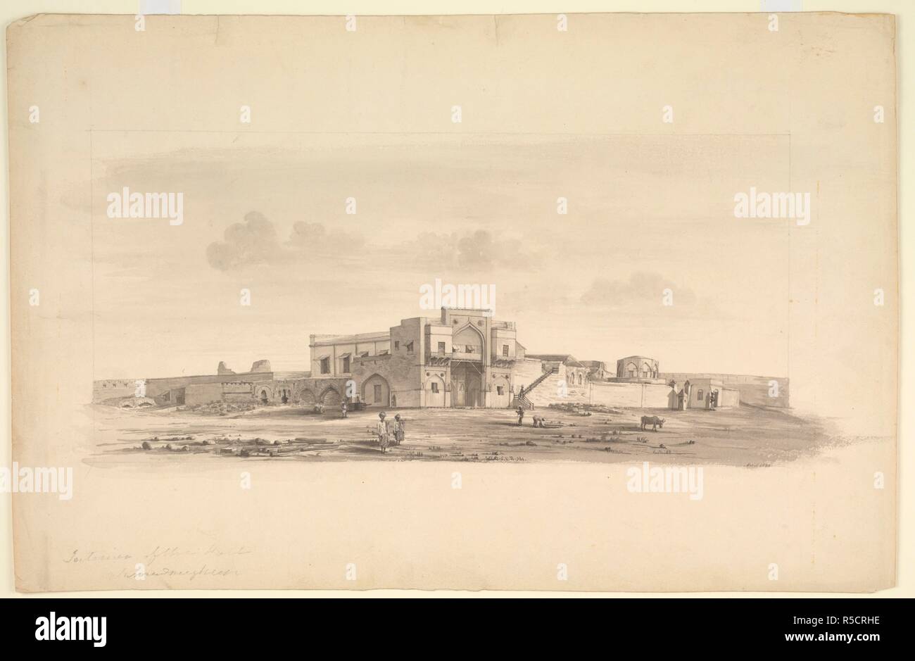 Interno del Fort. Ahmudnughur Aprile 1831' Penna e inchiostro e lavare il disegno di Ahmadnagar Fort William Miller (1795-1836) nel mese di aprile 1831. Scritto: 'interno del Fort. Ahmudnughur'. Ahmadnagar è situato il diluvio-piana del fiume Sina nel Maharashtra, West India centrale. . 'Interno del Fort. Ahmudnughur Aprile 1831'. 1831. Lunghezza: 34; larghezza: 51,8. Fonte: WD.4183. Foto Stock