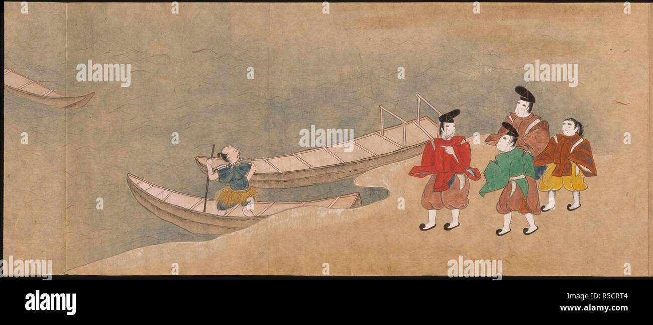 Salire a bordo di un battello. Ise Monogatari zue (illustrato i racconti di Ise). Giappone ,1560-1600. Il poeta e i suoi compagni presso il porto di Naniwa. Una scena dall'episodio 66 di Ise Monogatari zue o illustrato i racconti di Ise. Una versione Naraehon, databili tra la fine del XVI secolo, del decimo secolo. Immagine presa da Ise Monogatari zue (illustrato i racconti di Ise). Originariamente pubblicato/prodotti in Giappone ,1560-1600. . Fonte: o. 904 volume 2, f.29v. Lingua: Giapponese. Foto Stock