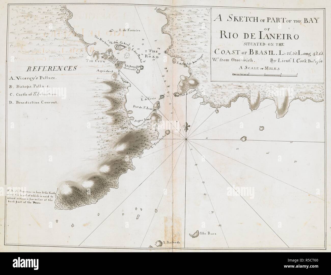 Un schizzo di una parte della baia di Rio de Janeiro; disegnato da Lieut. James Cook, nel dicembre 1768, su una scala di un pollice per un miglio. Grafici, piani, viste e disegni presi a bordo lo sforzo durante la Captain Cook primo viaggio, 1768-1771. Dic. 1768. La sig.ra 1 f. 7 in. x 1 f. 3.; 48 x 38 cm.; scala 1: 63 360. 1 pollici per un miglio. Fonte: Aggiungi. 7085, No.2. Foto Stock