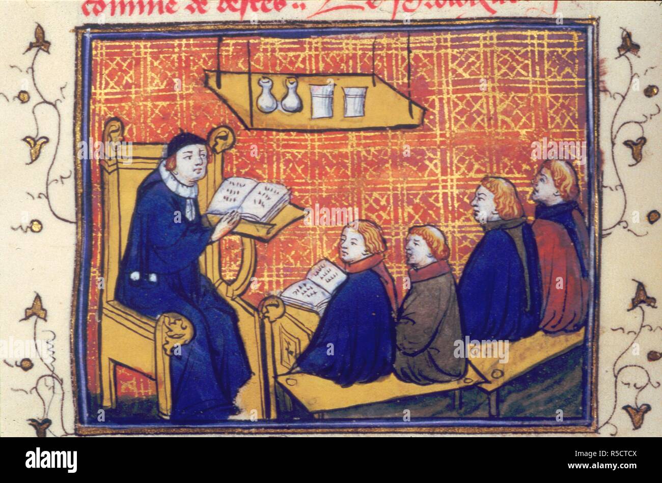Insegnanti e alunni. Livre des Proprietez des choses. Francia; all inizio del XV secolo. (Solo in miniatura) insegnante, col libro aperto sul leggio, prima di un gruppo di alunni seduti sui banchi. Al di sopra di esse, una tabella contenente piccoli vasi, è sospeso su funi immagine presa dal Livre des Proprietez des choses. Originariamente pubblicato/prodotti in Francia; all inizio del XV secolo. . Fonte: Royal 17 E. III, f.36. Lingua: Francese. Foto Stock