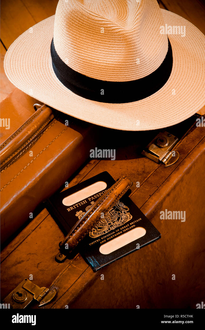 Vintage Valigetta in pelle con cappello di Panama e vecchio stile passaporto britannico Foto Stock