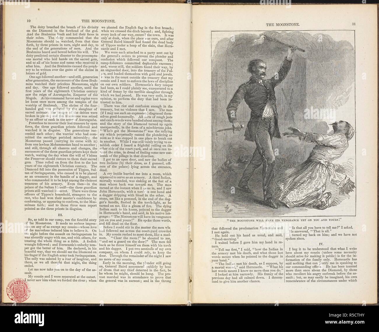 "La pietra di luna disporrà di vendetta ancora su di voi e il vostro!". La pietra di luna ... Con numerose illustrazioni. New York : Harper & Bros, 1868. Fonte: 1600/514 pagine 10-11. Autore: Collins Wilkie (William). Foto Stock