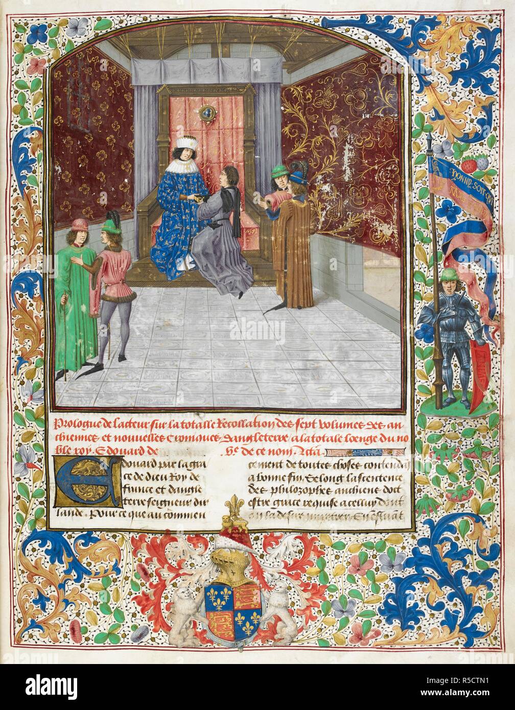 Miniatura di Edward IV in trono, indossando l'ordine del vello d'oro, ricevendo il libro di Jean Wavrin. Un bordo intero contenente il royal bracci di Inghilterra circondata da giarrettiera e sostenuto da due leoni di bianco e un cavaliere in possesso di un banner con il motto "Honny soit qui mal y pense'. Un illuminato iniziale "E"(douard), all'inizio del prologo. Anciennes et nouvelles chroniques d'Angleterre, volume 1. Paesi Bassi, S. (Bruges); dopo il 1471, prima del 1483. Fonte: Royal 15 E. IV, f.14. Lingua: Francese. Foto Stock