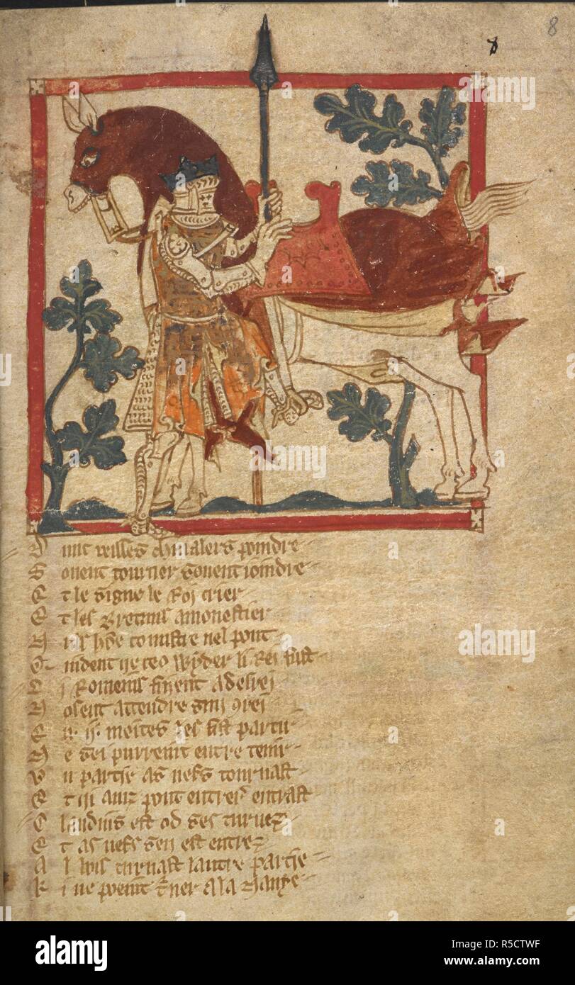 Arviragus, avendo assunto la corona, monta il suo cavallo. Romanzi in francese versetto ... Il XIV secolo. Fonte: Egerton 3028 f.8. Autore: Wace, Canon di Bayeux. Foto Stock