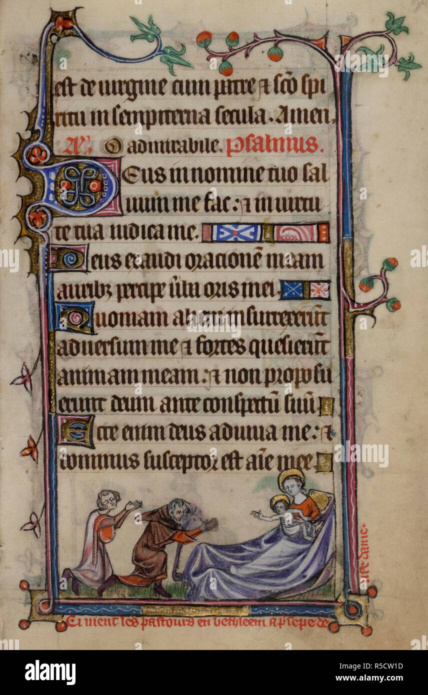 Bas-de-page scena di Adorazione dei pastori, con una didascalia di lettura, "Cy vient les pastours en bethleem un p[re]sepe de n[at]re dame'. Libro d Ore, uso di Sarum ("Taymouth ore"). Inghilterra, S. E.? (Londra?); secondo quarto del XIV secolo. Fonte: Yates Thompson 13, f.90. Lingua: Latino e francese. Foto Stock