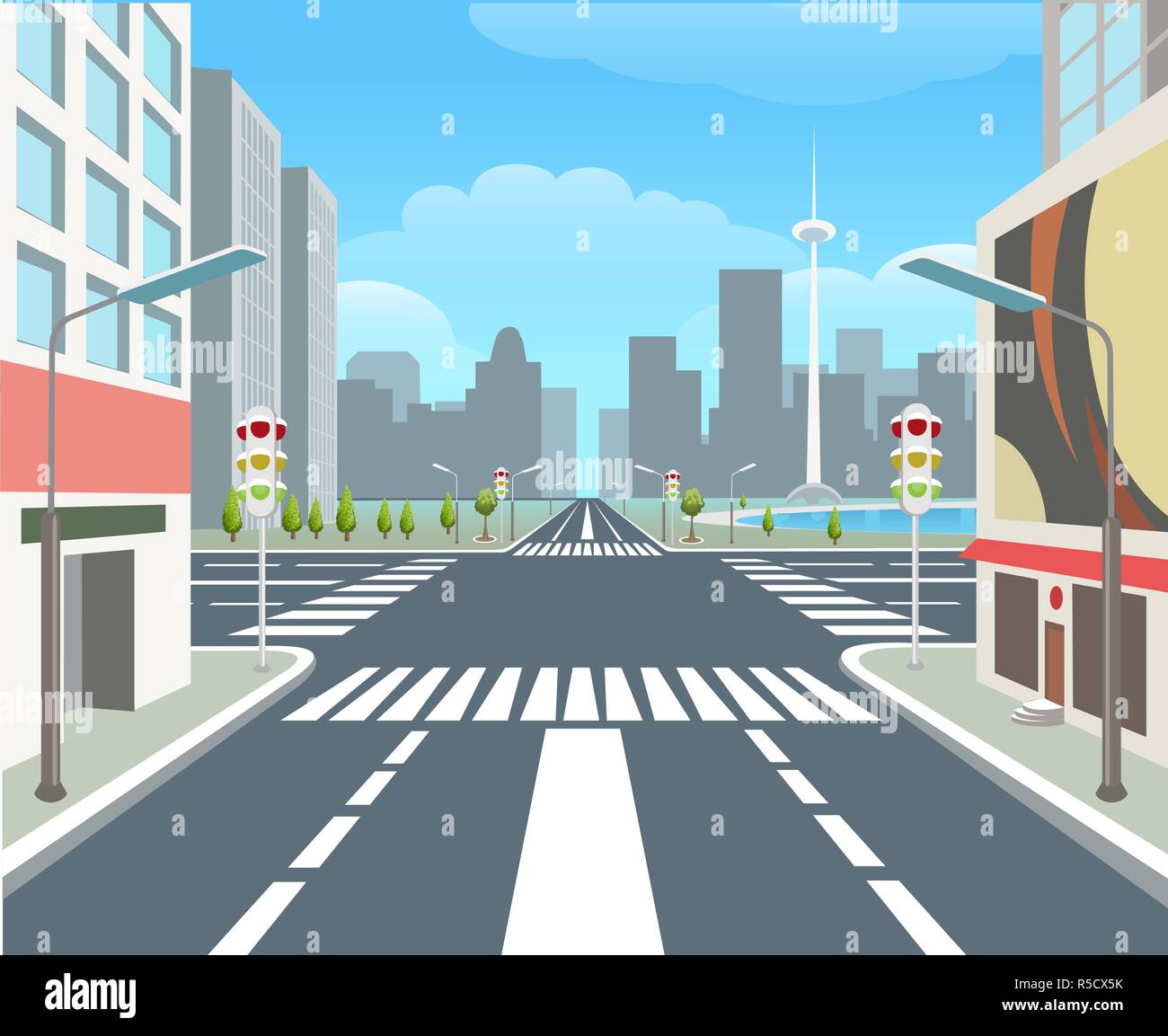 City Road. Il traffico su strada strada urbana, carsroad giunzioni, edifici commerciali, attraversamento di strade, città autostrada, illustrazione vettoriale Illustrazione Vettoriale