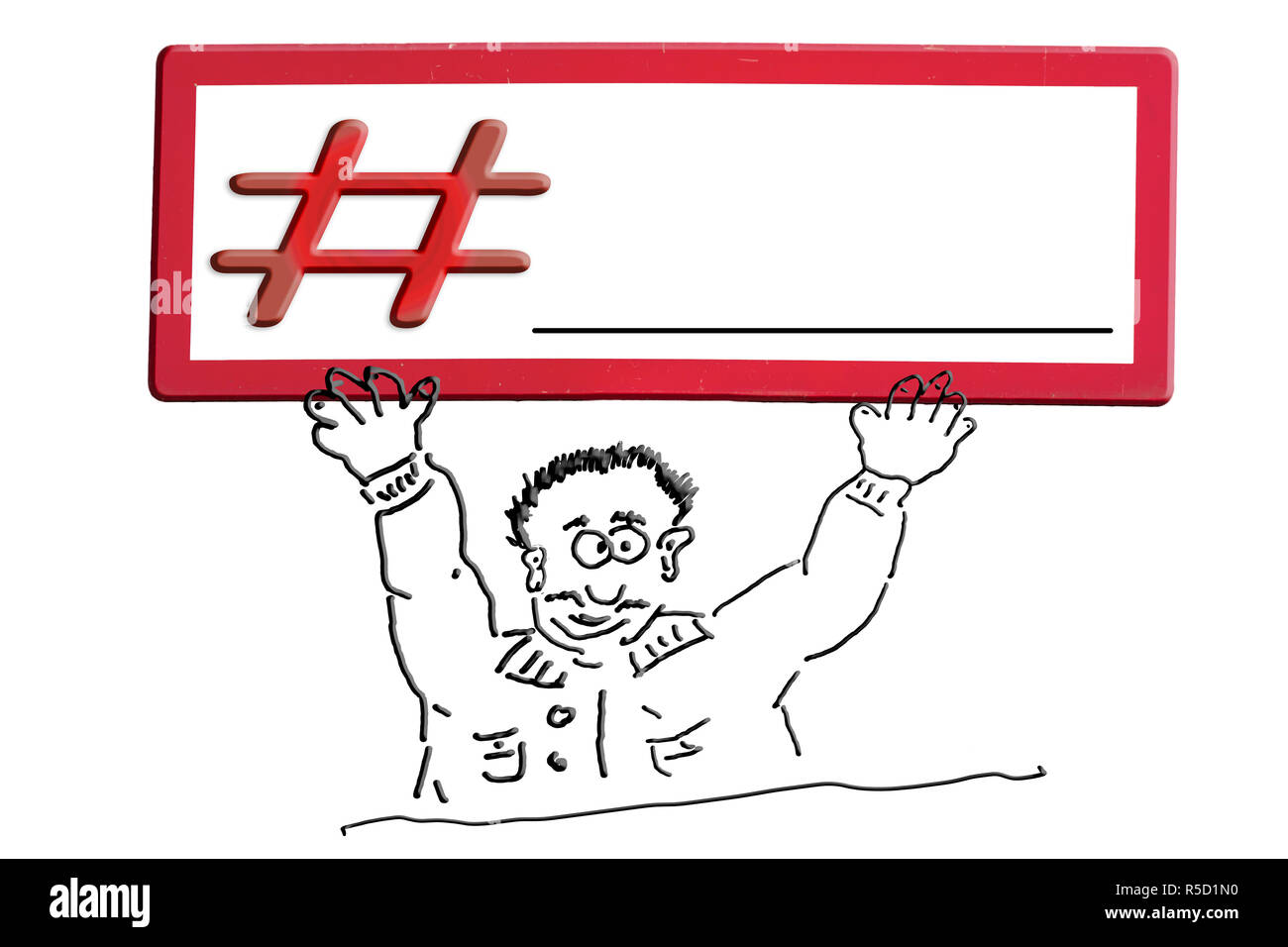 Disegno a mano personaggio dei fumetti con etichetta di segno # hashtag. Foto Stock