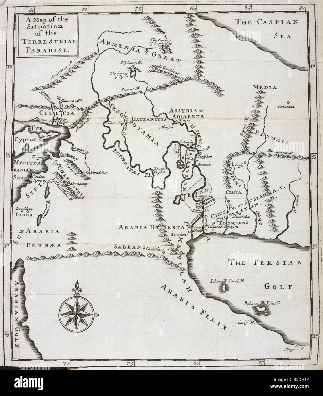 "Una mappa della situazione del Paradiso terrestri". Il giardino di Eden è rappresentato dal fiume a sud di Babilonia. Un trattato della situazione del paradiso ... Tradotto dal francese originale [da T. Gale]. Londra, 1694. Fonte: 1017.ES.21, opposto B1. Lingua: Inglese. Foto Stock