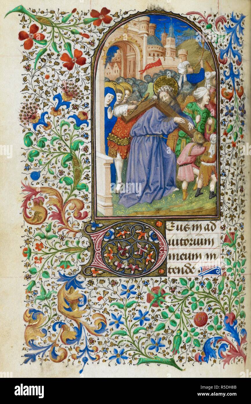 Miniatura del Cristo che porta la croce, con una piena foliate frontiera, all'inizio della terza della passione. Libro d Ore, uso di Roma ("Dunois ore"). Francia, Centrale (Parigi); c. 1440 - c. 1450 (dopo il 1436). Fonte: Yates Thompson 3, f.136v. Lingue: latina, francese con una calendario. Foto Stock