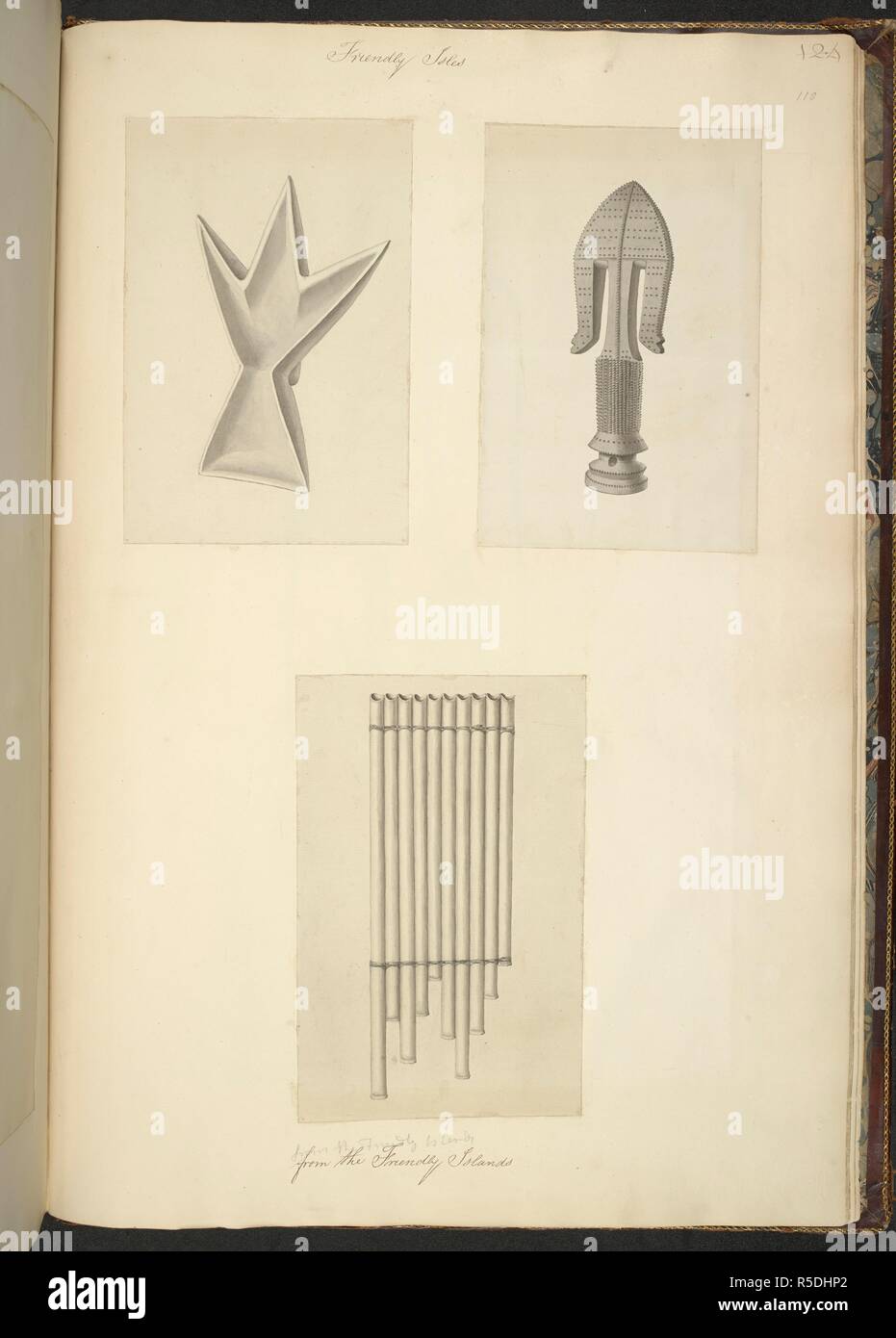 Artefatti da Friendly Islands. Una raccolta di disegni realizzati nei paesi visitati dal Capitano Cook nel suo primo viaggio, 1768-1771. Fonte: Aggiungi. 23920, f.110. Lingua: Inglese. Foto Stock