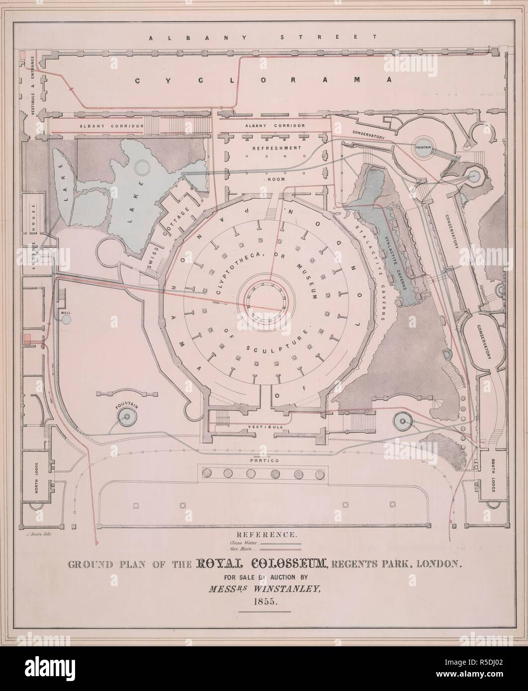 Il piano terra del Royal colosseo, Regents Park, Londra. Il piano terra del Royal colosseo, Regents Park, Londra. 1855. Lunghezza: 470. Larghezza: 584 Questo piano è stato prodotto per il 1855 vendita all asta della hall, che mostra le varie attrazioni e il gas principale ed approvvigionamenti di acqua alla struttura. La grande sala espositiva è stato progettato da Decimus Burton e dotato di una cupola più grande di quella della Cattedrale di St Paul. Fu demolita nel 1875. Fonte: Mappe Crace porta. 14.36. Autore: Basire James, il giovane. Foto Stock