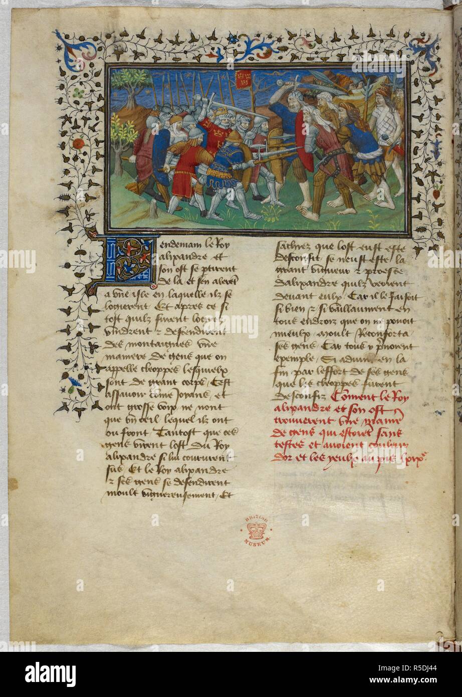 Miniatura di Alexander's battaglia con one-eyed giganti (Cyclops). Historia de proelis in una traduzione in francese (Le Livre et le vraye hystoire du bon roy Alixandre). Francia, Centrale (Parigi); c.1420. Fonte: Royal 20 B. XX, f.79v. Lingua: Francese. Foto Stock