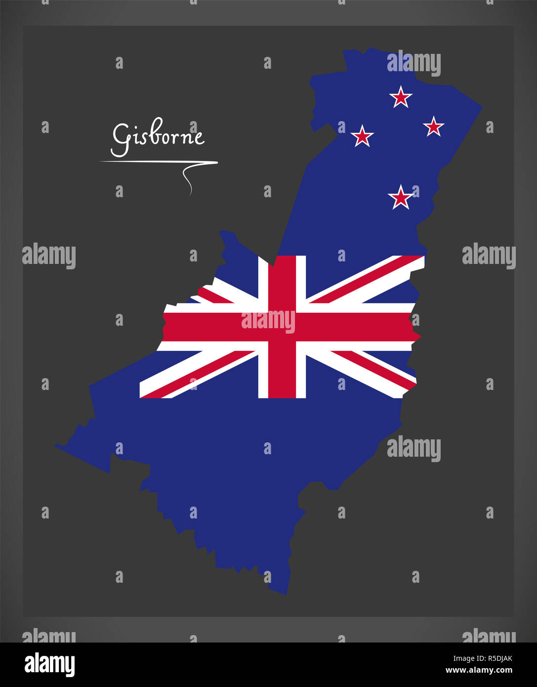 Gisborne Nuova Zelanda mappa con bandiera nazionale illustrazione Foto Stock