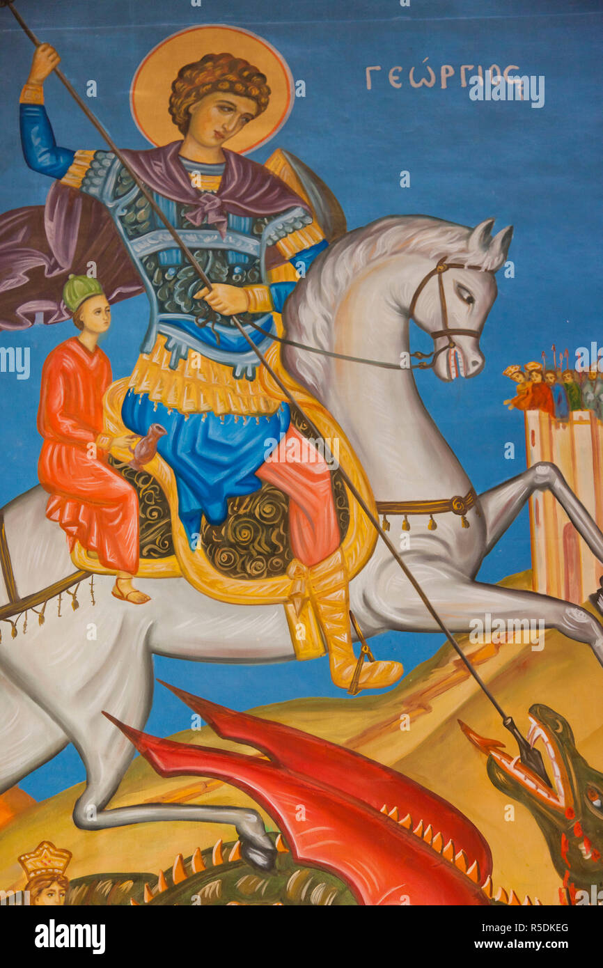 Giordania, Kings Highway, Madaba, Chiesa di St. Georges, interni dipinti religiosi Foto Stock