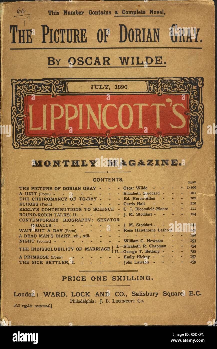 Coperchio anteriore. Questo numero contiene 'l'immagine di Dorian Gray" di Oscar Wilde. . Lippincott la rivista mensile. Philadelphia: J.B. Lippincott; Londra: Ward, Lock & Co., luglio 1890. Fonte: Eccles 396 coperchio anteriore. Foto Stock