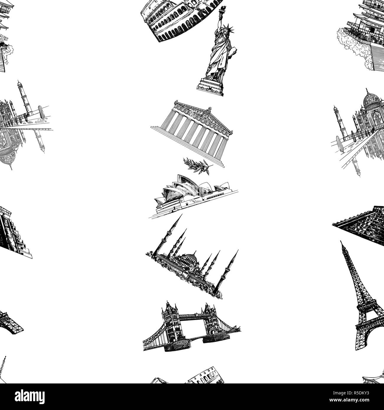 Modello senza giunture di disegnato a mano stile sketch famosi punti di riferimento e attrazioni isolati su sfondo bianco. Illustrazione Vettoriale. Illustrazione Vettoriale