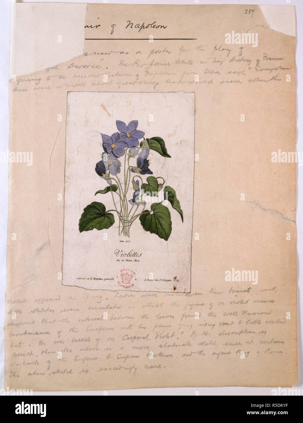 Souvenir di Napoleone. Affinare le carte, Vol. XIII. Francia; 1815. [Intero folio] incisione di violette; un souvenir fatto segnare di Napoleone Bonaparte, ritorno a Parigi nel marzo 1815, dopo la sua fuga da Elba immagine presa da levigare Papers, Vol. XIII. Originariamente pubblicato/prodotti in Francia; 1815. . Fonte: Aggiungi. 40120, f.257. Lingua: Francese. Foto Stock