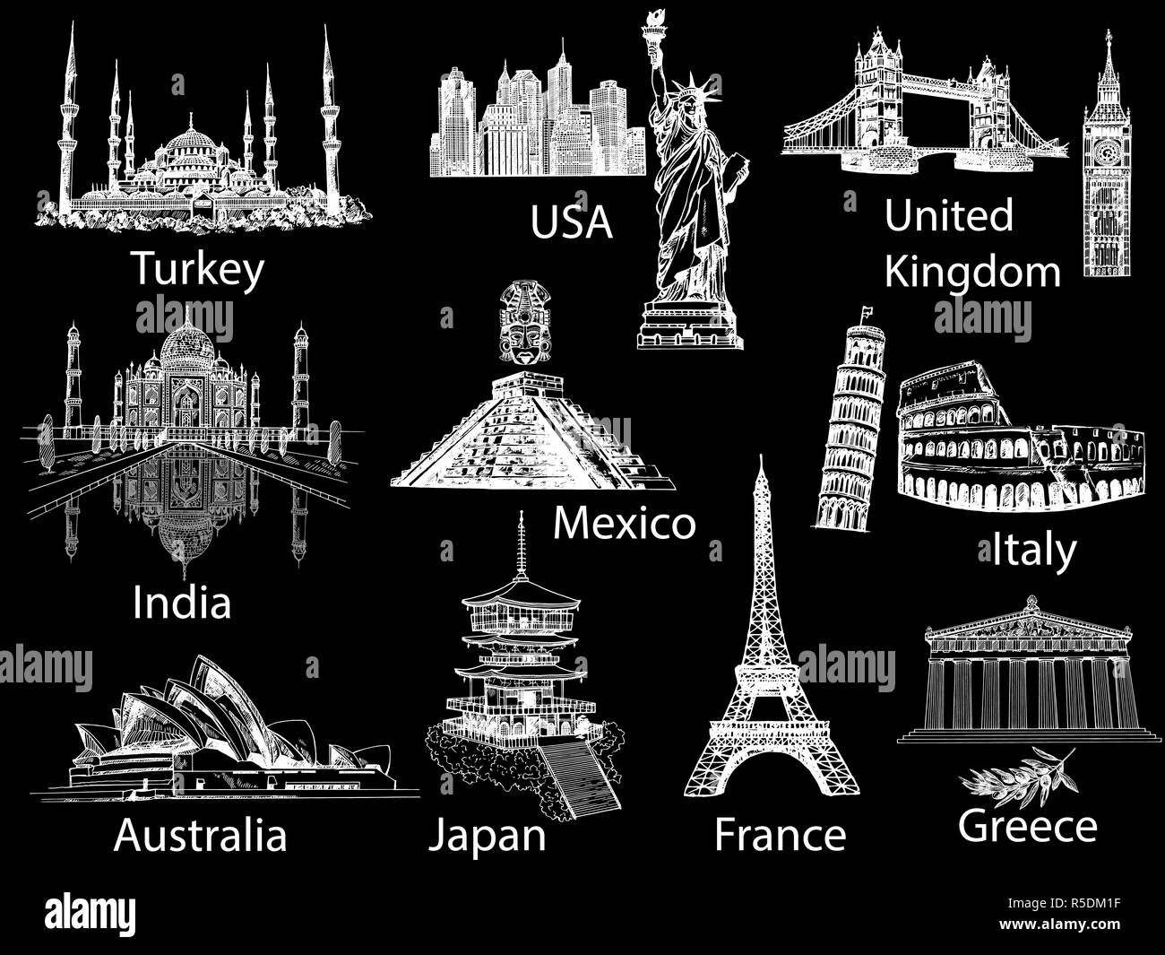 Grande set di disegnato a mano stile sketch famosi punti di riferimento e attrazioni isolati su sfondo nero. Illustrazione Vettoriale. Illustrazione Vettoriale