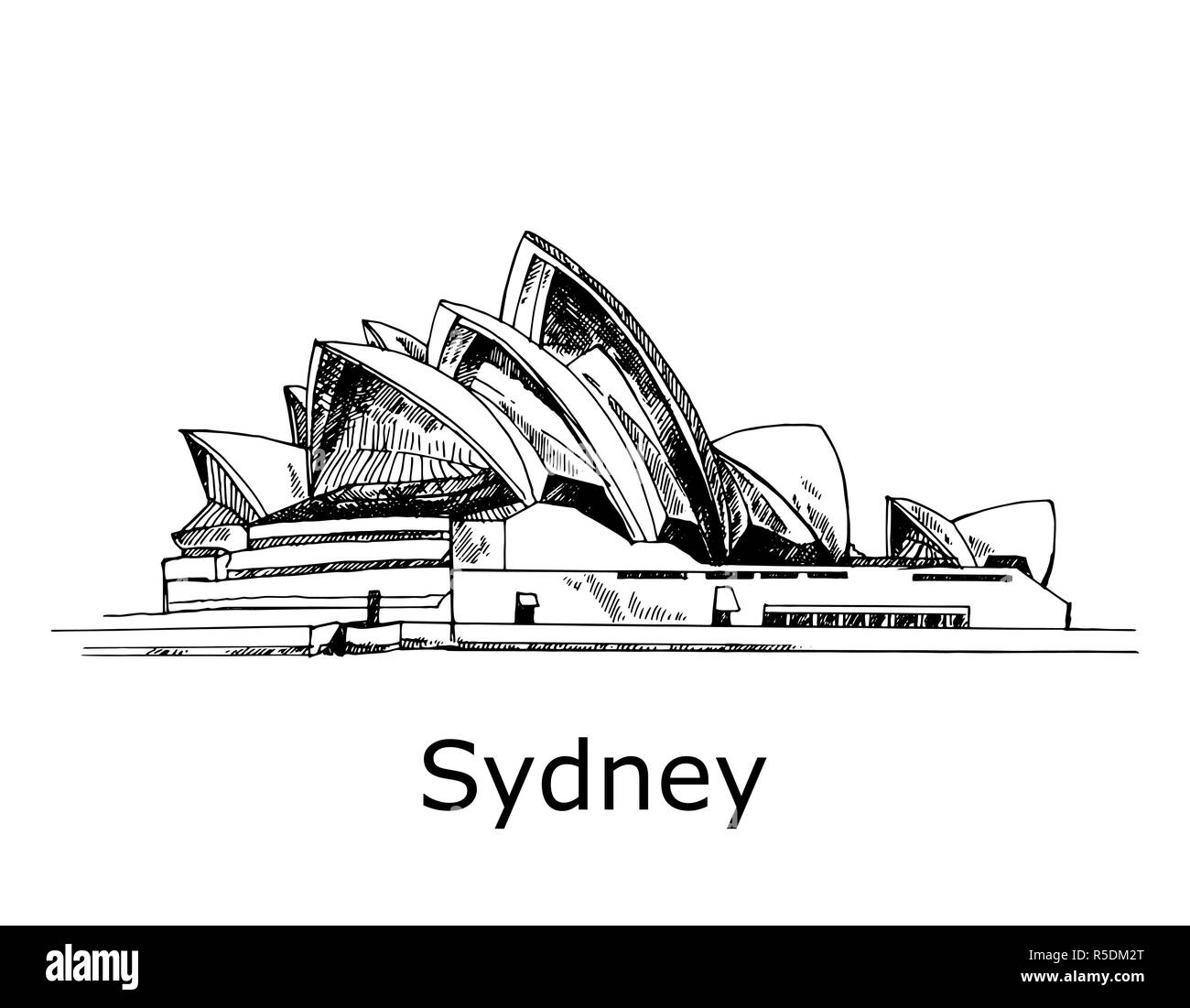 Disegnato a mano stile sketch Sydney Opera House isolati su sfondo bianco. Illustrazione Vettoriale. Illustrazione Vettoriale
