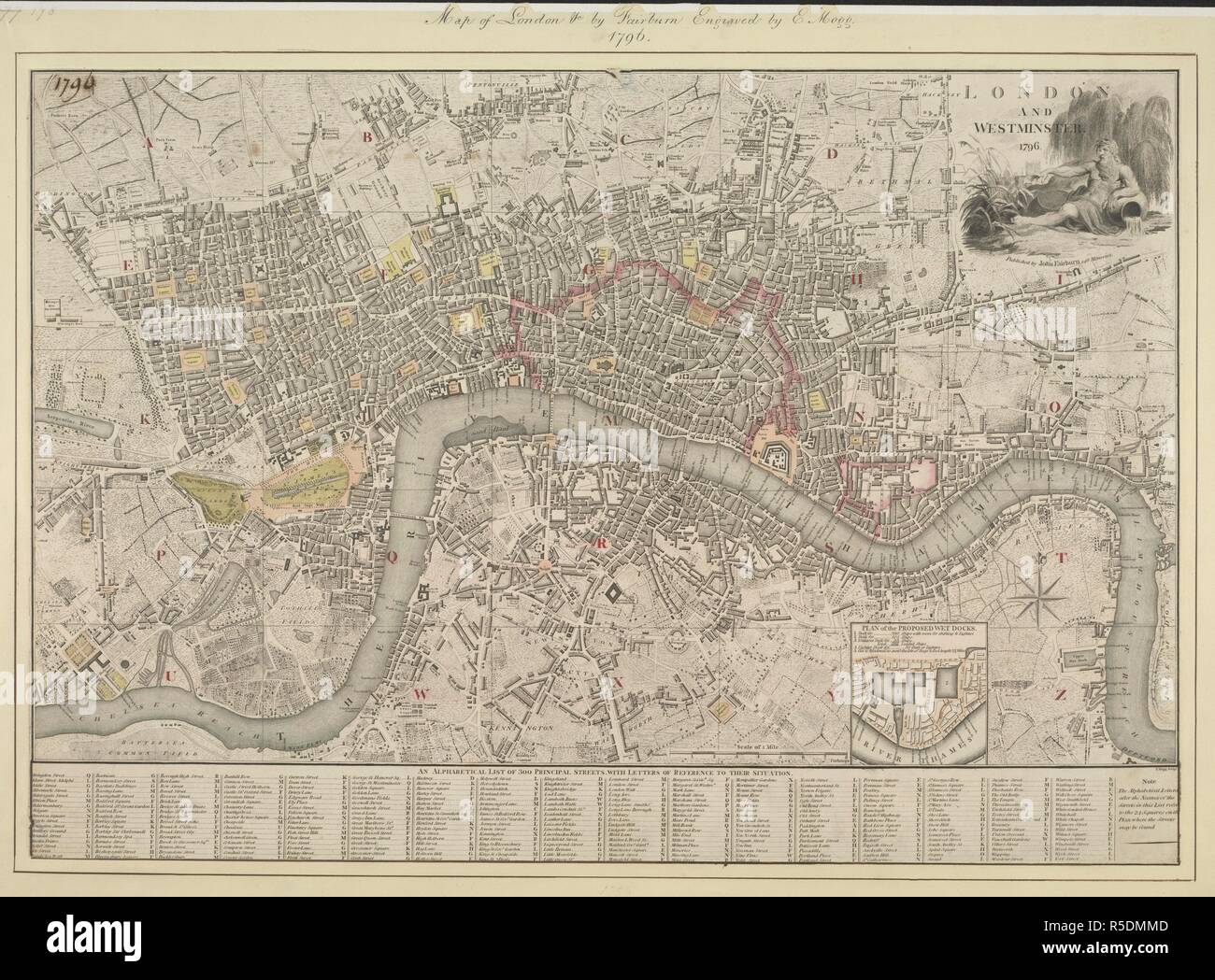 Mappa di Londra e Westminster, datata 1796. Questa è la seconda edizione di una mappa pubblicato sette volte fino al 1806. Il titolo è abbellito con una incisione di Padre Tamigi, con san Paolo visibile in distanza su di un lato di lui. Questa edizione include un piano di inset della proposta di darsene. Londra e Westminster. 1796. Lunghezza: 432, larghezza: 629. Incisione. Fonte: Mappe Crace porta. 5.178. Autore: Giovanni Fairburn. Foto Stock