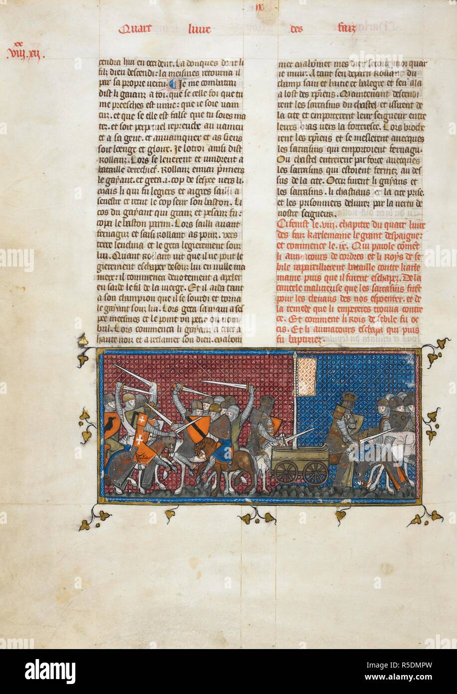 Miniatura di una scena di battaglia, con Carlo Magno tenendo lo standard. Chroniques de France ou de Saint Denis, vol. 1. Francia, secondo quarto del XIV secolo. Fonte: Royal 16 G. VI, f.174v. Lingua: Francese. Foto Stock