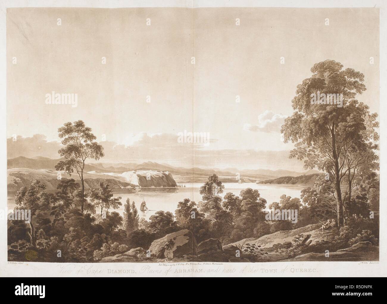 Vista da una collina verdeggiante-top con due figure seduto sotto un albero a destra, guardando attraverso un ampio tratto di acqua che si avvolge attorno a un basso promontorio. Le navi a vela, diversi arrotondamenti il cape, uno in primo piano sulla sinistra con le pianure e le montagne in distanza. Vista di Cape Diamond, Pianure di Abramo, e parte della città di Québec. [Londra] : Pubd 10 Maggio 1795 da J.W. Edy, No 2, Romney fila, St John's, Westminster., [10 maggio 1795]. La puntasecca e l'attacco. Fonte: Mappe K.Top.119.30.a. Lingua: Inglese. Autore: Edy, John William. Foto Stock