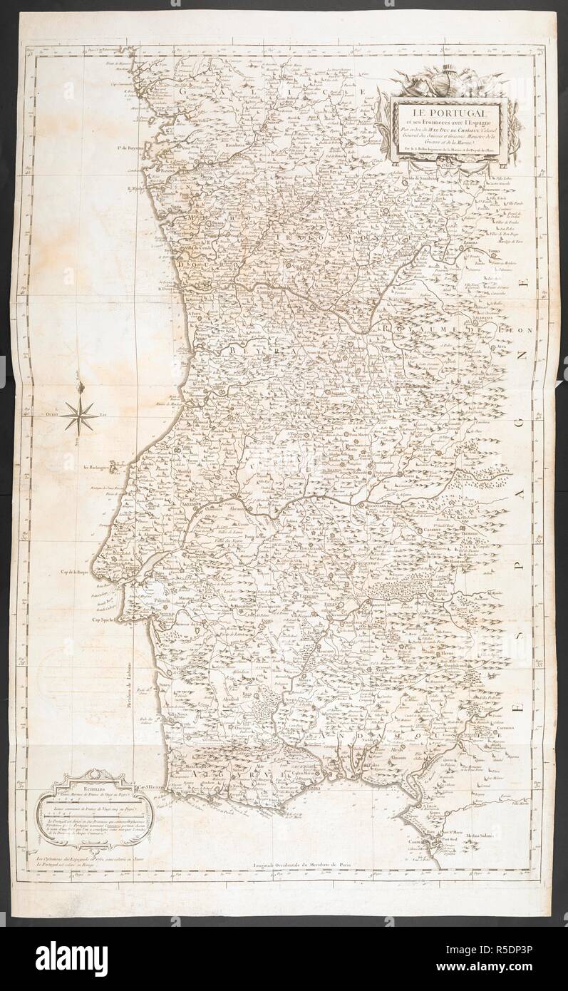 Una mappa di Portogallo e le sue frontiere con la Spagna. LE PORTOGALLO : et ses Frontieres avec l'Espagne. Parigi : S. Bellin, 1762. Fonte: Mappe K.Top.74.59. Lingua: Francese. Autore: Jacques Nicolas Bellin. Foto Stock