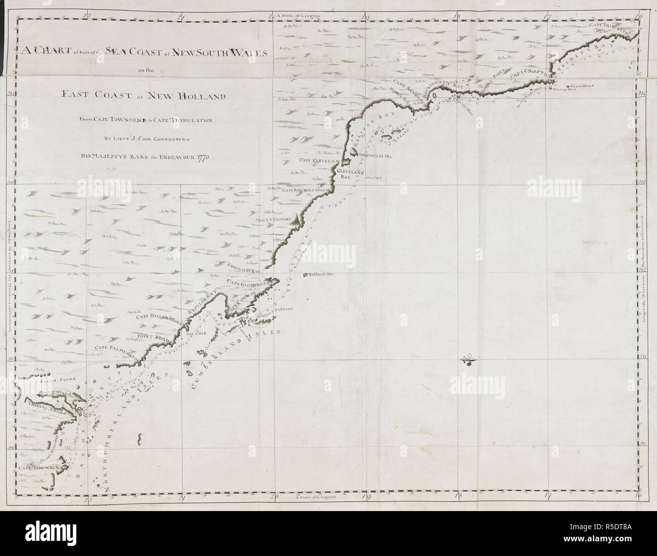 Un grafico di una parte della costa del mare del Nuovo Galles del Sud, sulla costa est di New Holland, da Cape Townsend a Cape Tribulation; disegnato da Lieut. James Cook, 1770. Grafici, piani, viste e disegni presi a bordo lo sforzo durante la Captain Cook primo viaggio, 1768-1771. 1770. La sig.ra 2 f. 6 in. x 1 f. 10.; 76 x 56 cm. Fonte: Aggiungi. 7085, No.38. Foto Stock