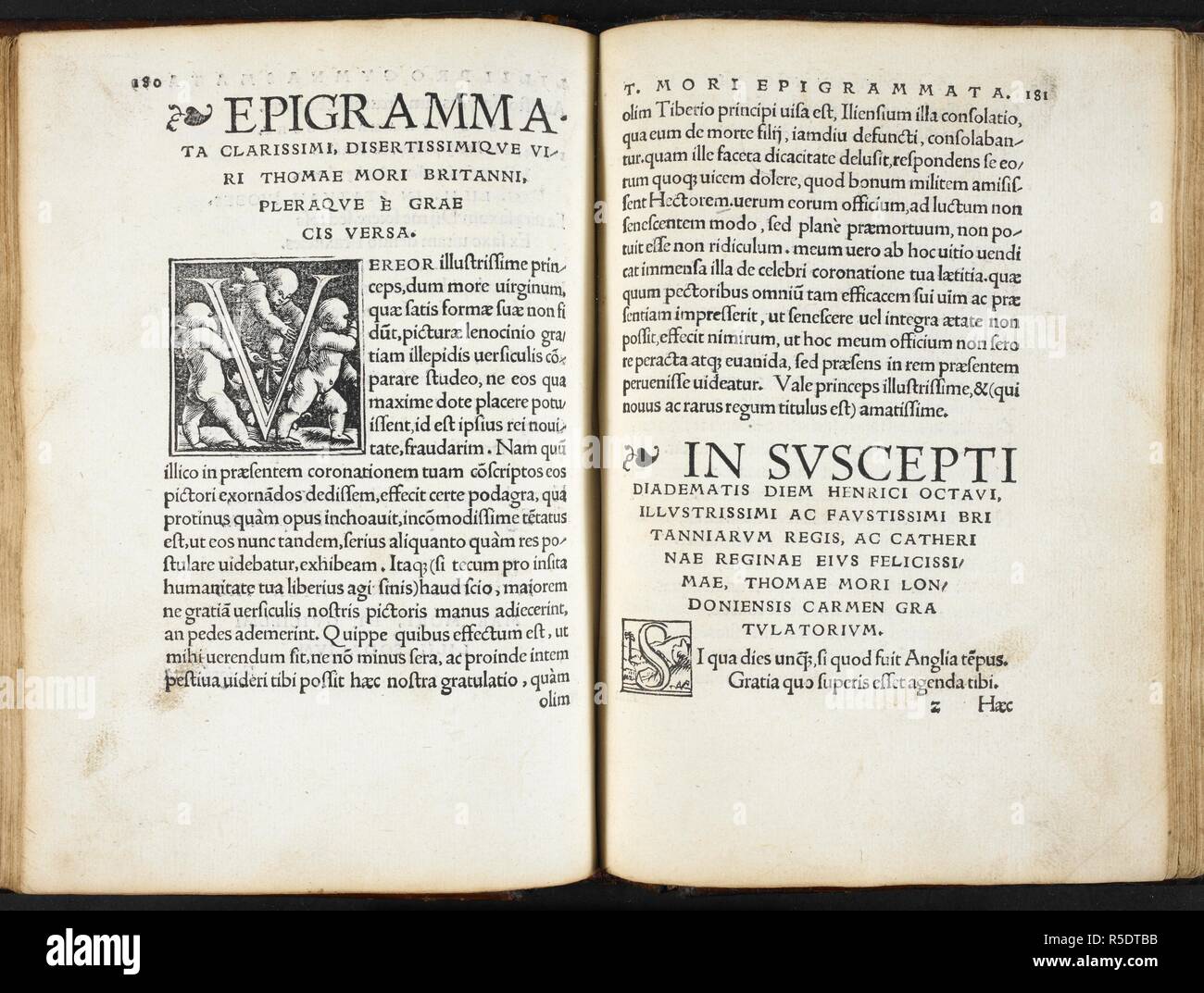 Una versione stampata del Thomas More le poesie sull'adesione di Henry VIII. De optimo reip. statu deque noua insula Vtopia libello ... Thomae Mori ... Epigrammata ... Thomae Mori, pleraï€oe eÌ€ GrÃ¦uersa cis. Epigrammata. Des. Erasmi Roterodami. [Più epigrammi a cura di Beatus Bildius. 3 pt. pp. 355. Apud Io. Frobenium: BasileÃ¦, mense Decembri, 1518. Fonte: C.67.d.8, sigs. [Y2]v-[z1]. Foto Stock