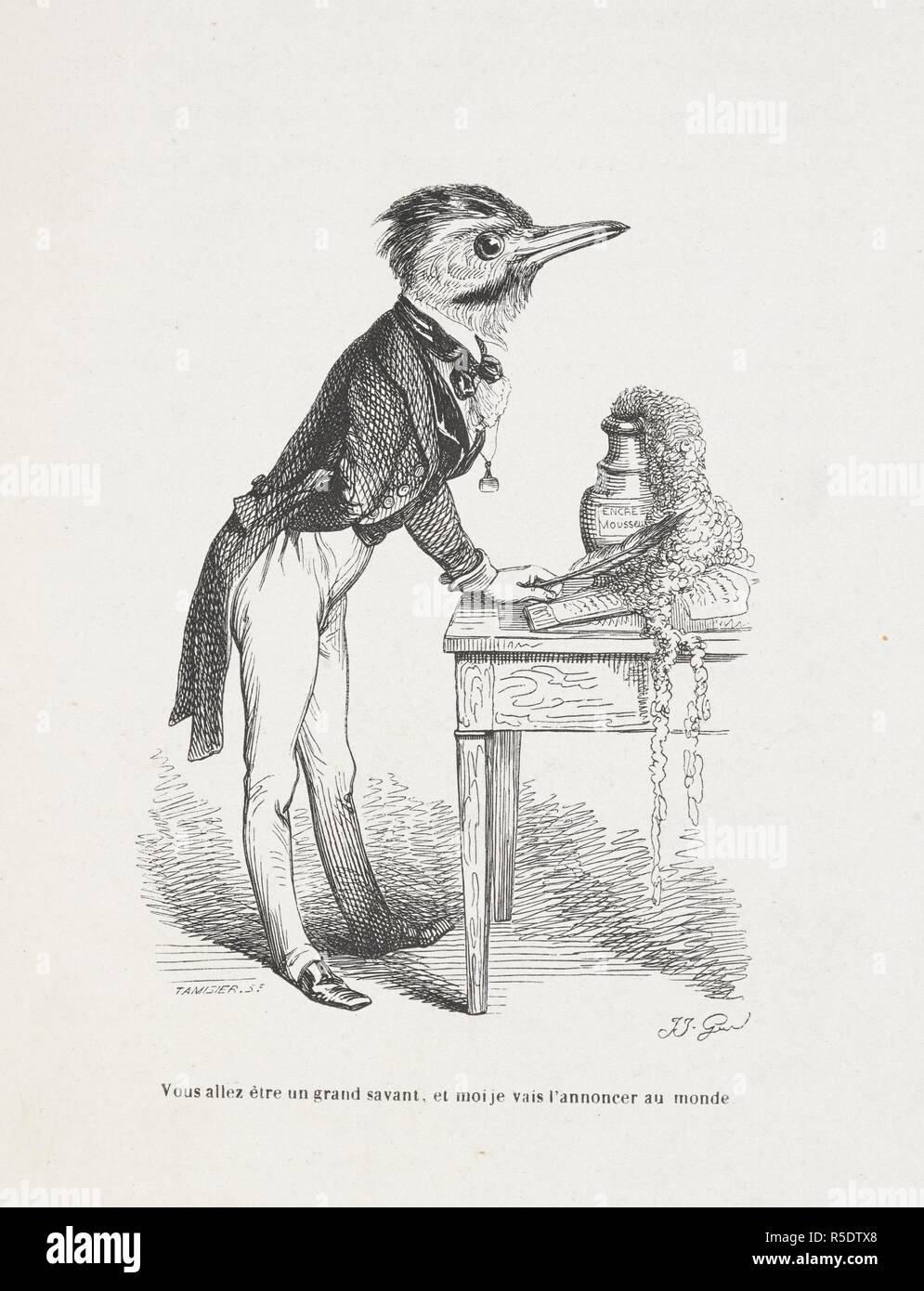 Vous allez etre onu grand savant, et moi je vais l'annoncer au monde. Immagine antropomorfica di un uccello scrivere con una penna del cappello. Peines de cÅ"ur d'une chatte anglaise.-guida-aÌ'ne aÌ€ l'usage des animaux qui veulent parvenir aux honneurs.-Voyage d'onu Lion d'Afrique aÌ€ PARIGI.-Les Amours de deux beÌ'tes. In: Stahl (P. J.) pseud. SceÌ€nes de la vie priveÌe des animaux ... EÌTudes de mÅ"urs contemporaines publieÌes sous la direction de M. P. J. Stahl, avec la collaboration de Messieurs de Balzac, L. Baude, ecc. 1842. Fonte: 1457.k.1 piastra da parte opposta la pagina 188. Autore: Balzac, HonorÃ© de. GRANDVILL Foto Stock