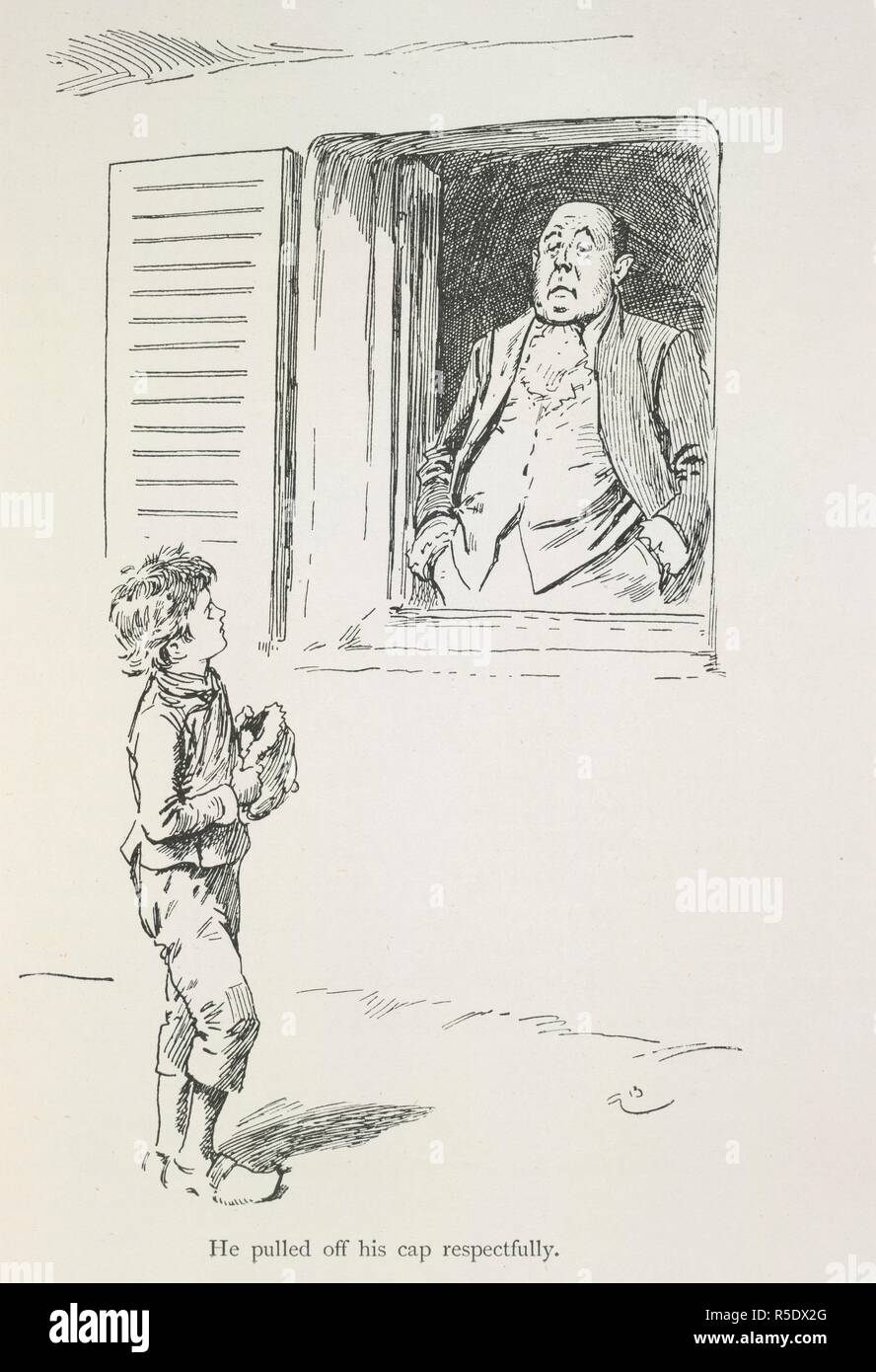 Ragazzo e uomo. Favole di Hans Andersen. Con l'introduzione. Wells Gardner & Co.: Londra, [1901]. Ha tirato fuori il suo cappello rispettosamente'. Un ragazzo alla ricerca fino a un uomo in piedi in una finestra aperta. Dal racconto "egli era buono a nulla". Immagine presa da fiaba di Hans Andersen. Con introduzione di E. Clodd. Illustrazioni di Gordon Browne... Originariamente pubblicato/prodotto in pozzetti Gardner & Co.: Londra, [1901]. . Fonte: 12809.q.38, 306. Lingua: Inglese. Foto Stock