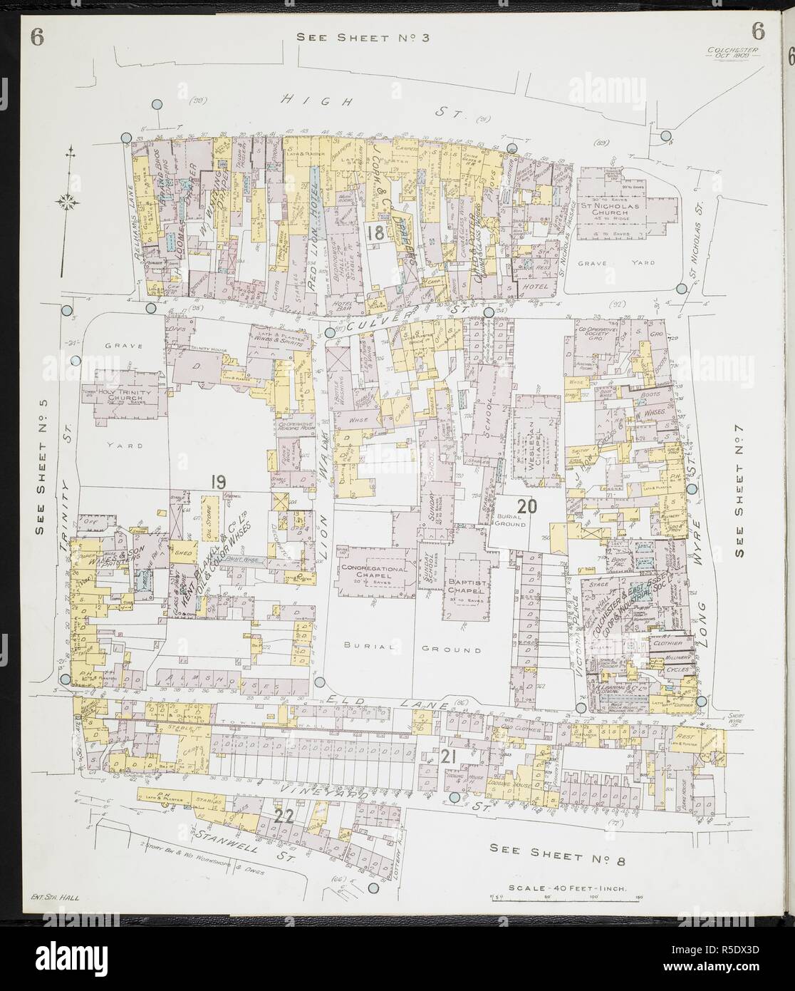 Mappa di Colchester, Essex. Colchester, Essex) : [incendio piani di assicurazione]. Londra : Chas. E. Pungolo Limited, 1909. 63x54cm.; Scala [1:480]. 40ft = 1 pollici. Fonte: Mappe 149.b.29.(2) foglio 6. Foto Stock