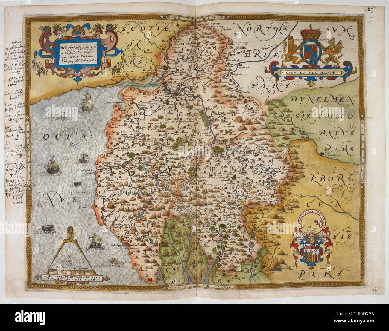 Mappa di Westmoreland e Cumberland, 1576. Signore Burghley del Atlante. Mappe delle contee di Inghilterra e Galles, stampato e colorato; dai disegni del Christopher Saxton. Inghilterra [Londra], 1579. Fonte: Royal 18 D. III f.75. Lingua: Inglese. Foto Stock