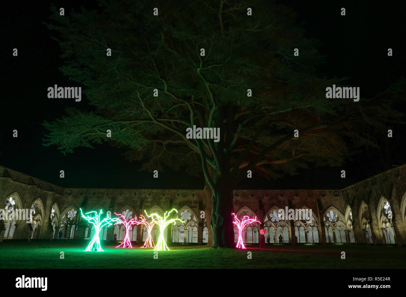 Cinque albero come strutture che compongono il pezzo di arte 'LUMEN', sedersi nel chiostro garth, in occasione del lancio della Cattedrale di Salisbury si illumina Avvento installazioni artistiche, intitolato dalle tenebre alla luce. Foto Stock