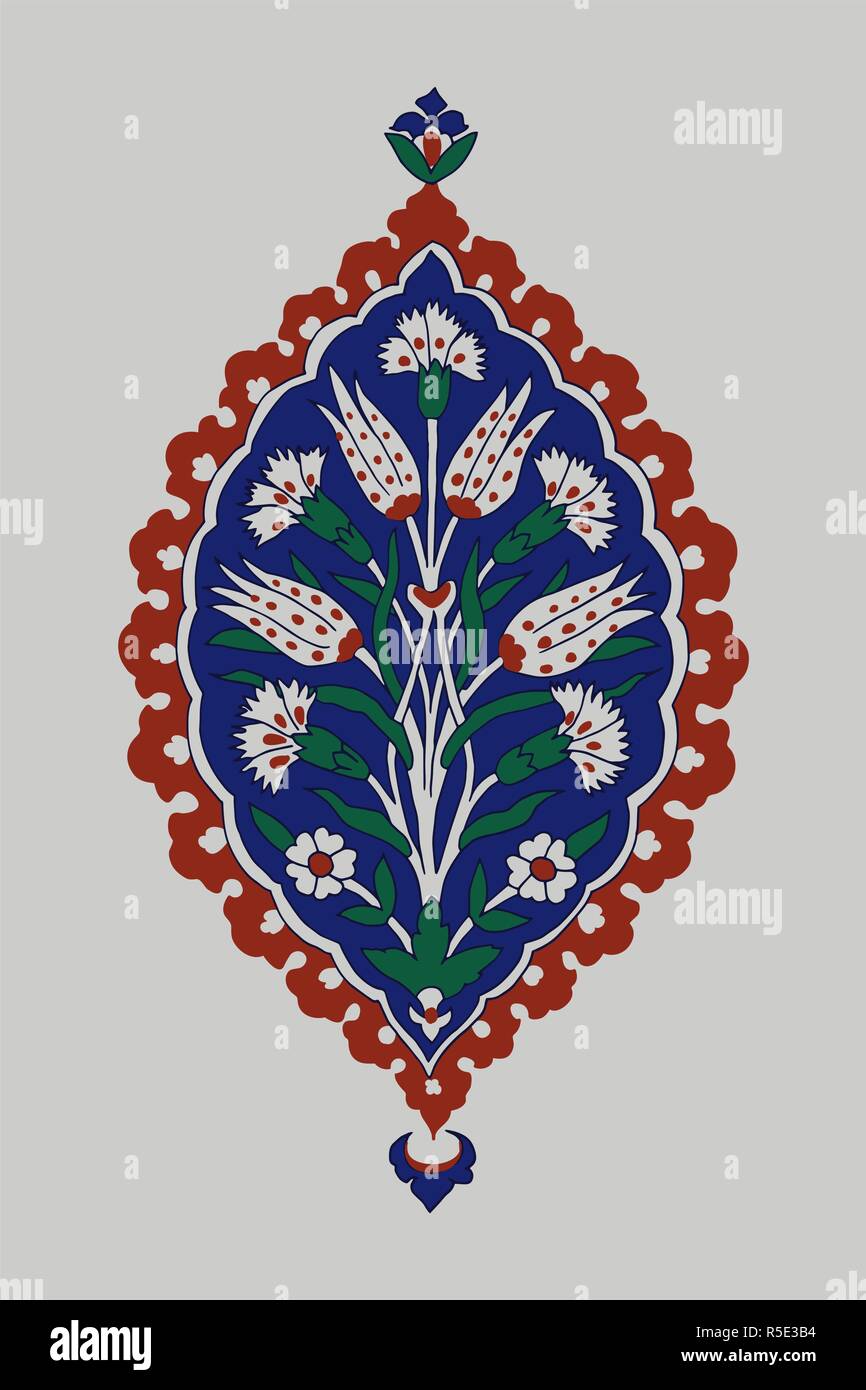 Iznik motivo etnico. Vettore floreale turco blu cobalto ornamento con garofani. Elemento per il design. Illustrazione Vettoriale