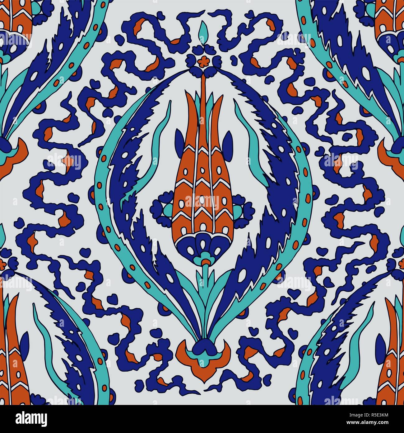 Iznik etnico modello senza giunture. Vettore blu turco ornamento floreale con tulipani e nastri. Tradizionale motivo orientali. Illustrazione Vettoriale