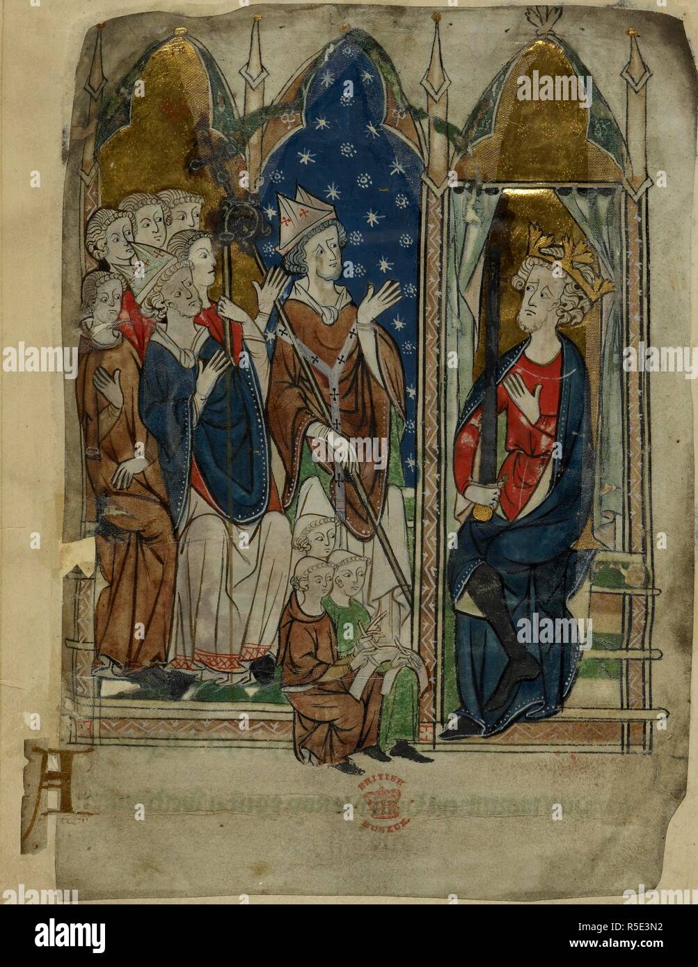 Il re Edoardo io seduto con la sua corte e gli assistenti. Cronache varie. circa 1280-1300. Fonte: Cotone Vitellius A. XIII, f.6v. Lingua: anglo-francese. Foto Stock