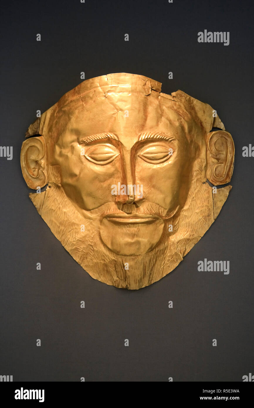 La Grecia, Attica, Atene, Museo Archeologico Nazionale, oro morte-maschera nota come Maschera di Agamennone Foto Stock