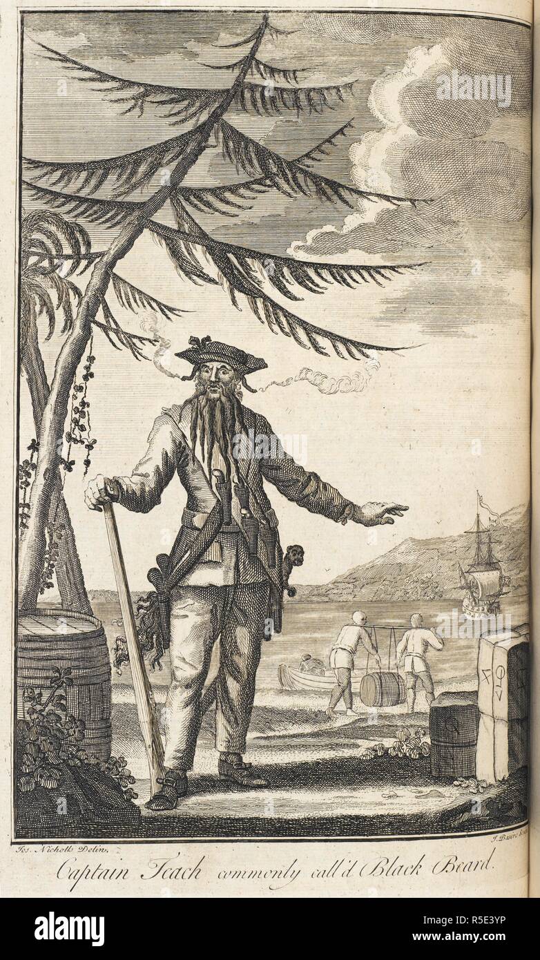 Capitano insegnare, comunemente chiamato barba nera. Edward Teach (c. 1680 â€" 22 novembre 1718), meglio noto come Blackbeard, era un famigerato pirata inglese che azionata intorno le Indie Occidentali e la costa orientale delle colonie americane. Egli è stato riferito di avere legato accesa fusibili sotto il suo cappello per spaventare i suoi nemici, come illustrato in questa illustrazione. Una storia generale della vita e delle avventure dei più famosi banditi, assassini, Street-Robbers, &c. A cui si aggiunge un vero e proprio conto dei viaggi e di saccheggio dei più famigerati pyrates. Londra : J. Janeway, 1734. Fonte: C.175.e.9 piastra f Foto Stock
